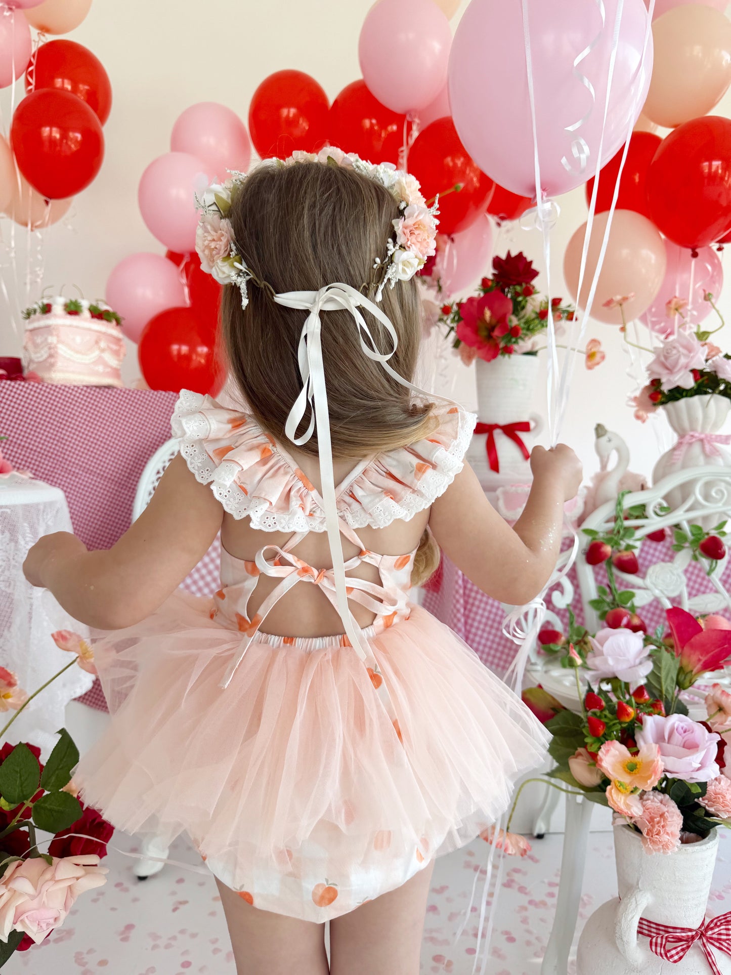 Peach Sorbet Gingham Baby Girl Tulle Party Romper