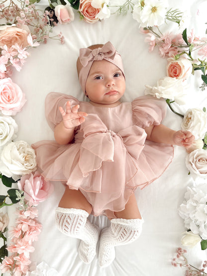 Clementine Matte Blush Rose Pink Organza Baby Girl Romper