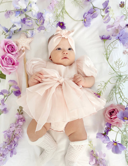 Scarlette Rose Petal Pink Organza Baby Girl Party Romper