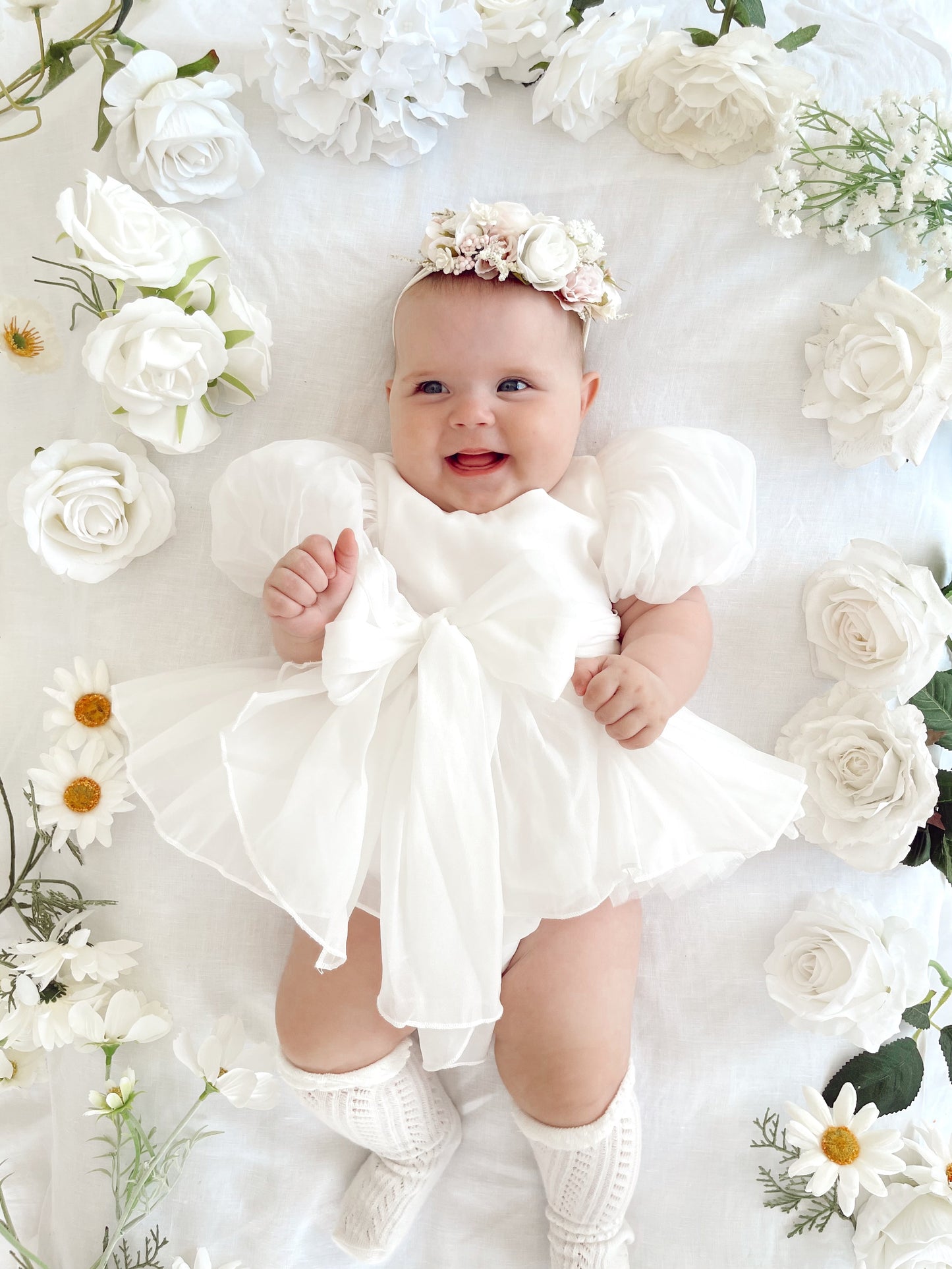 Clementine Matte White Organza Baby Girl Romper
