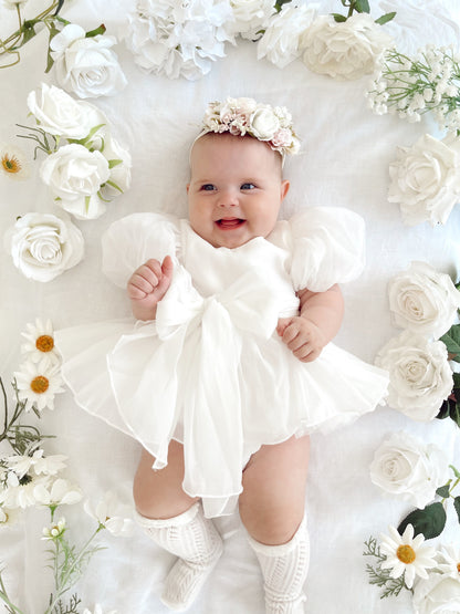 Clementine Matte White Organza Baby Girl Romper
