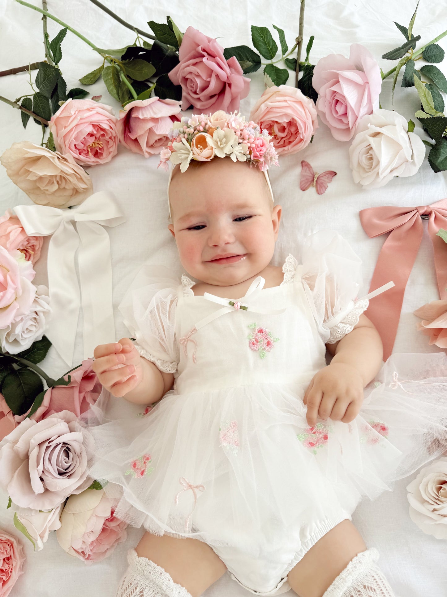 Fleur Butterfly Embroidered Baby Girl White Tulle Party Romper
