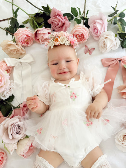 Fleur Butterfly Embroidered Baby Girl White Tulle Party Romper