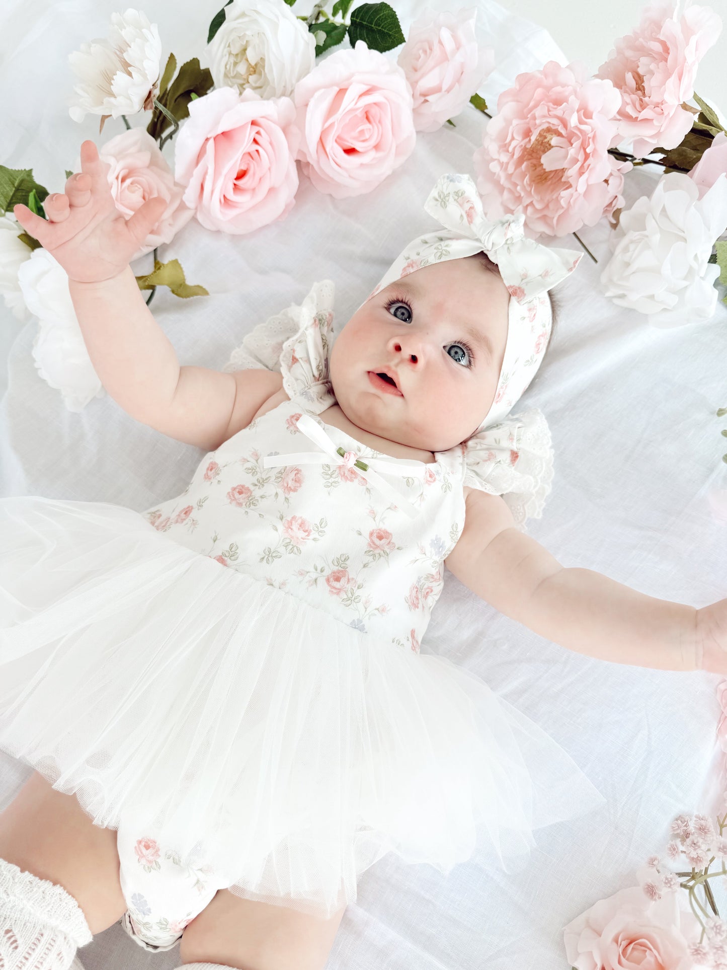 Cottage Fairy Baby Girl Floral White Tulle Party Romper