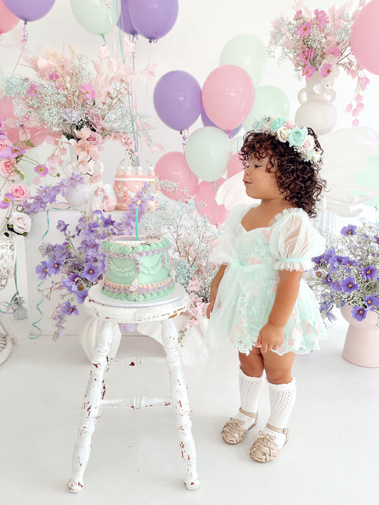 Butterfly Kisses Peppermint Pink Embroidered Baby Girl Tulle Party Romper