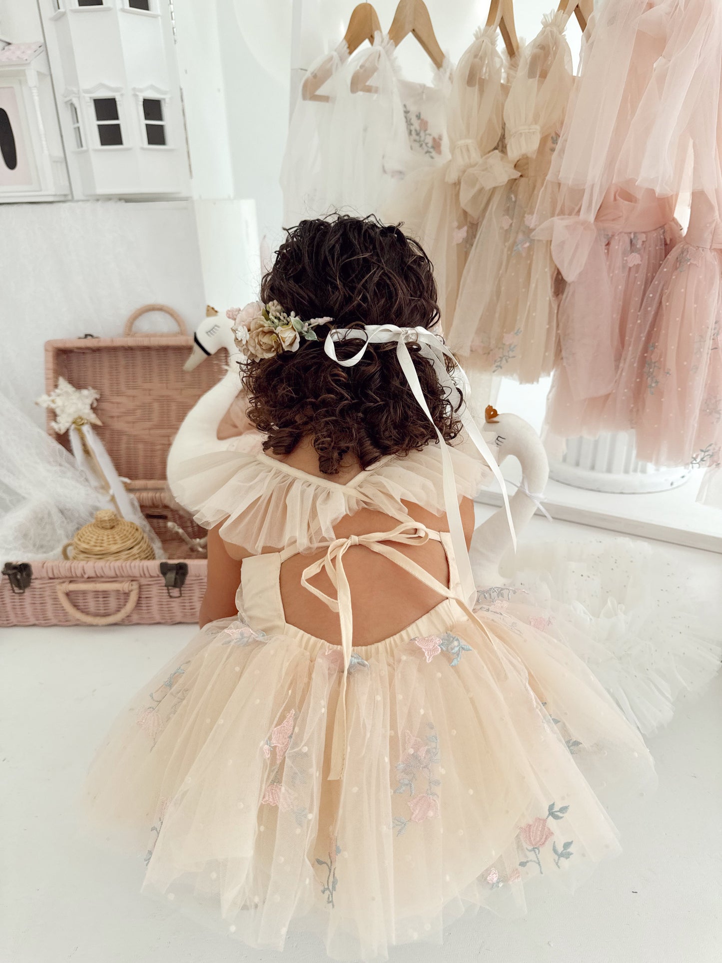 The Rose Champagne Embroidered Baby Girl Tulle Party Romper