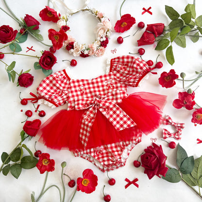 Cherry Lane Red Gingham Baby Girl Tulle Party Romper