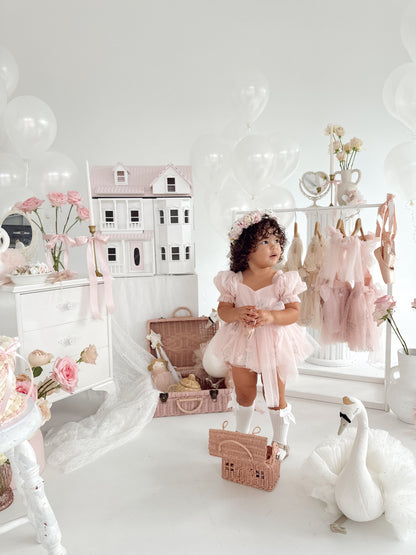 Swan Lake Ballerina Pink Embroidered Baby Girl Tulle Party Romper