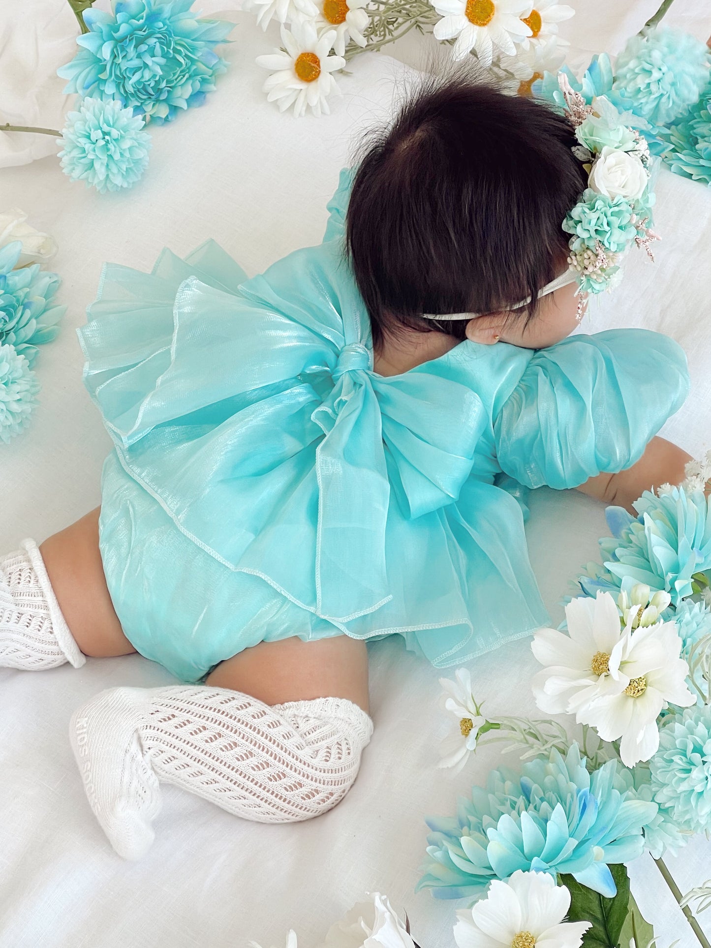 Dolly Turquoise Sky Organza Baby Girl Blue Party Romper