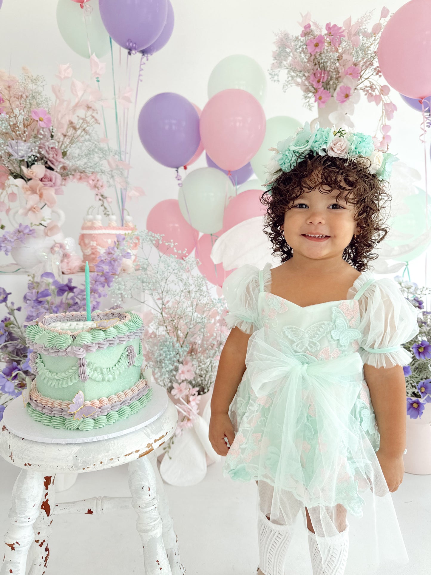 Butterfly Kisses Peppermint Pink Embroidered Baby Girl Tulle Party Romper