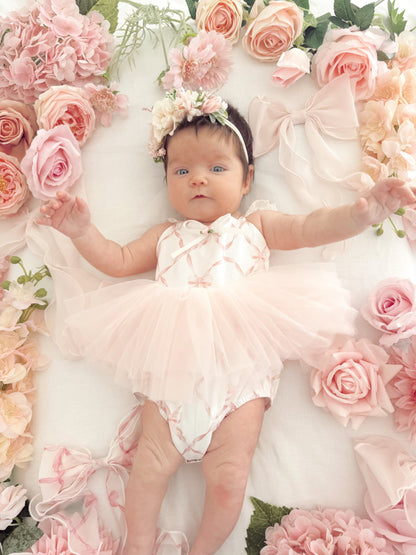 Rosette Pink Bow Baby Girl Tulle Party Romper