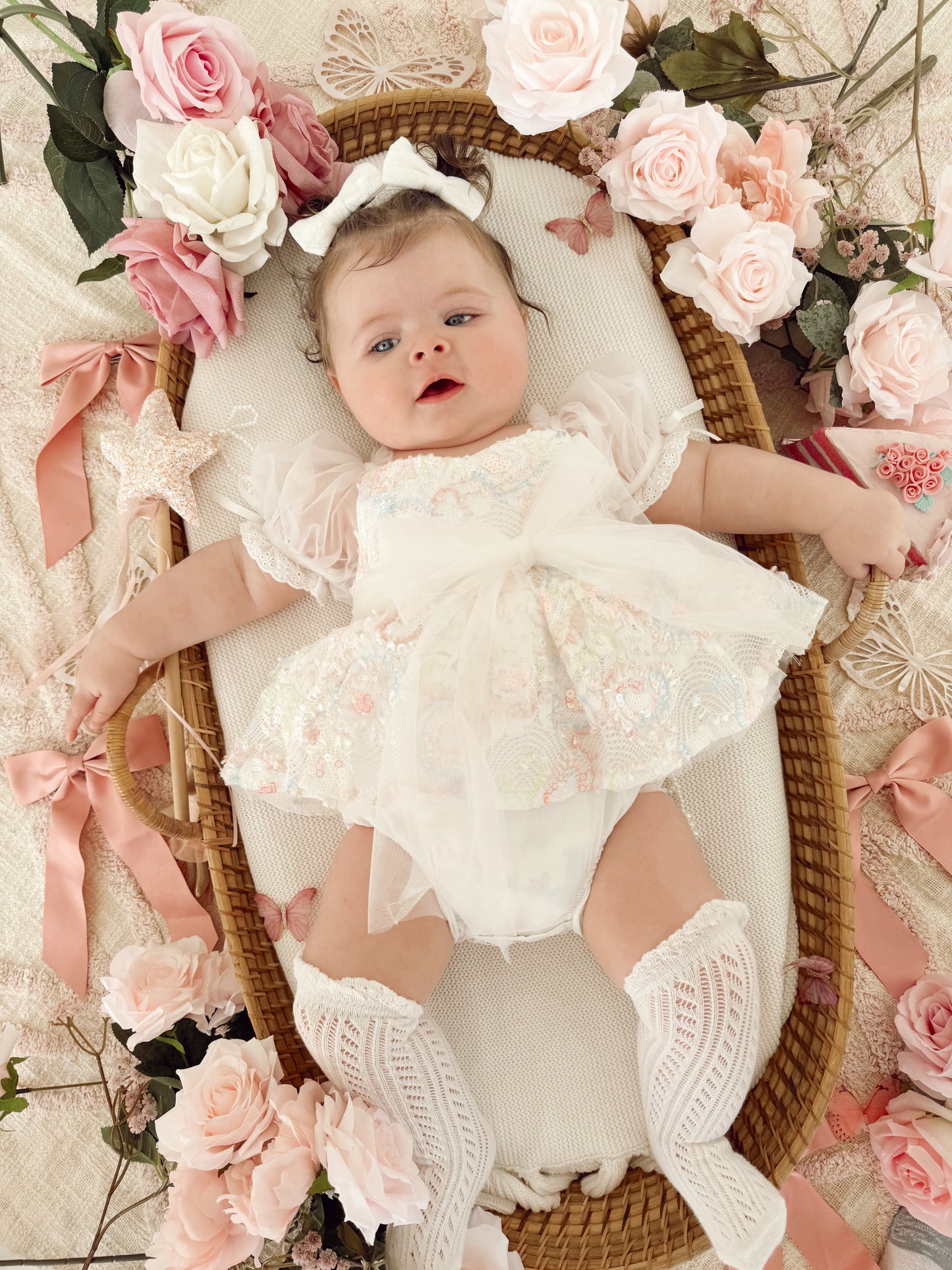 Josephine Lace Blossom Baby Girl Sequin White Tulle Party Romper