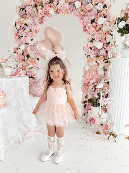 Belle Bow Perfect Pink Embroidered Baby Girl Tulle Party Romper