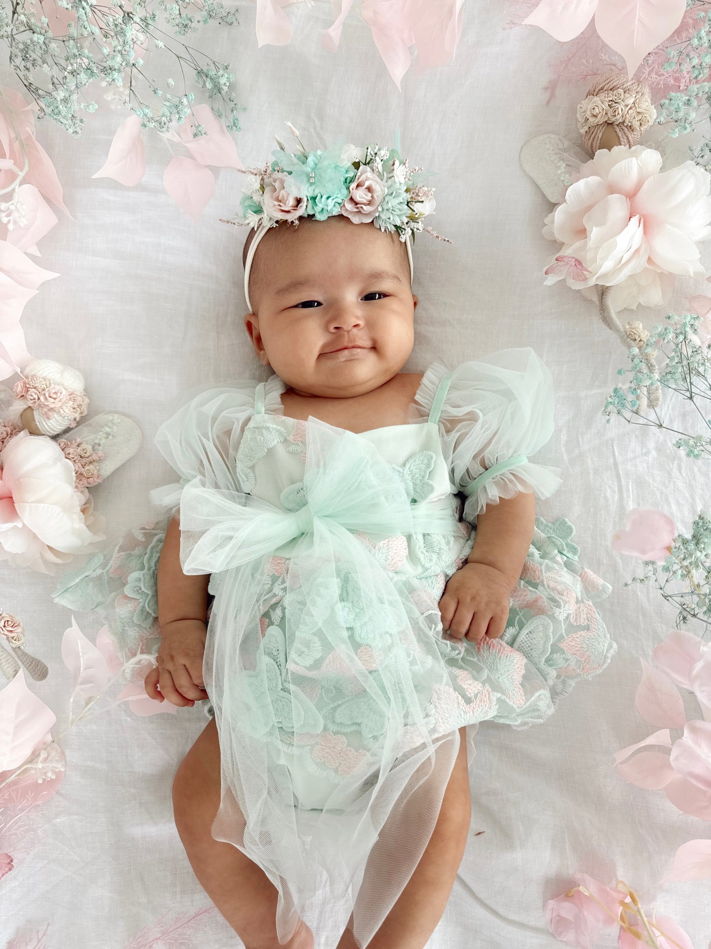 Butterfly Kisses Peppermint Pink Embroidered Baby Girl Tulle Party Romper