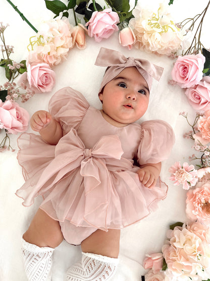 Clementine Matte Blush Rose Pink Organza Baby Girl Romper