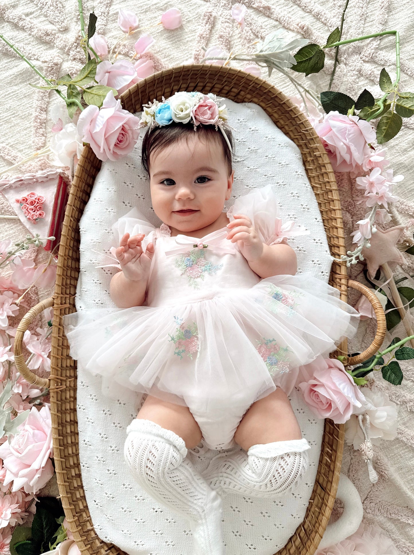 Peony Bloom Petal Pink Embroidered Baby Girl Tulle Party Romper