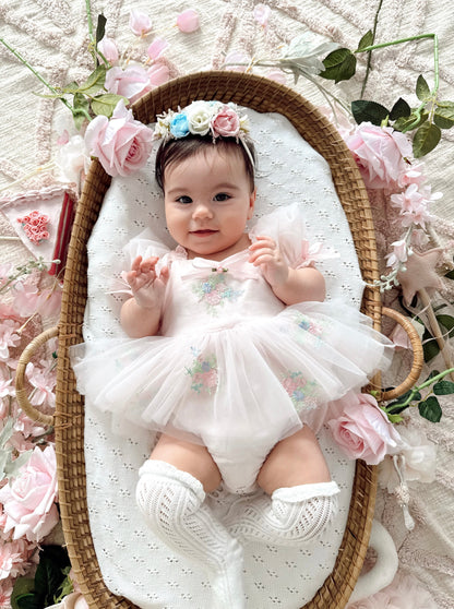 Peony Bloom Petal Pink Embroidered Baby Girl Tulle Party Romper