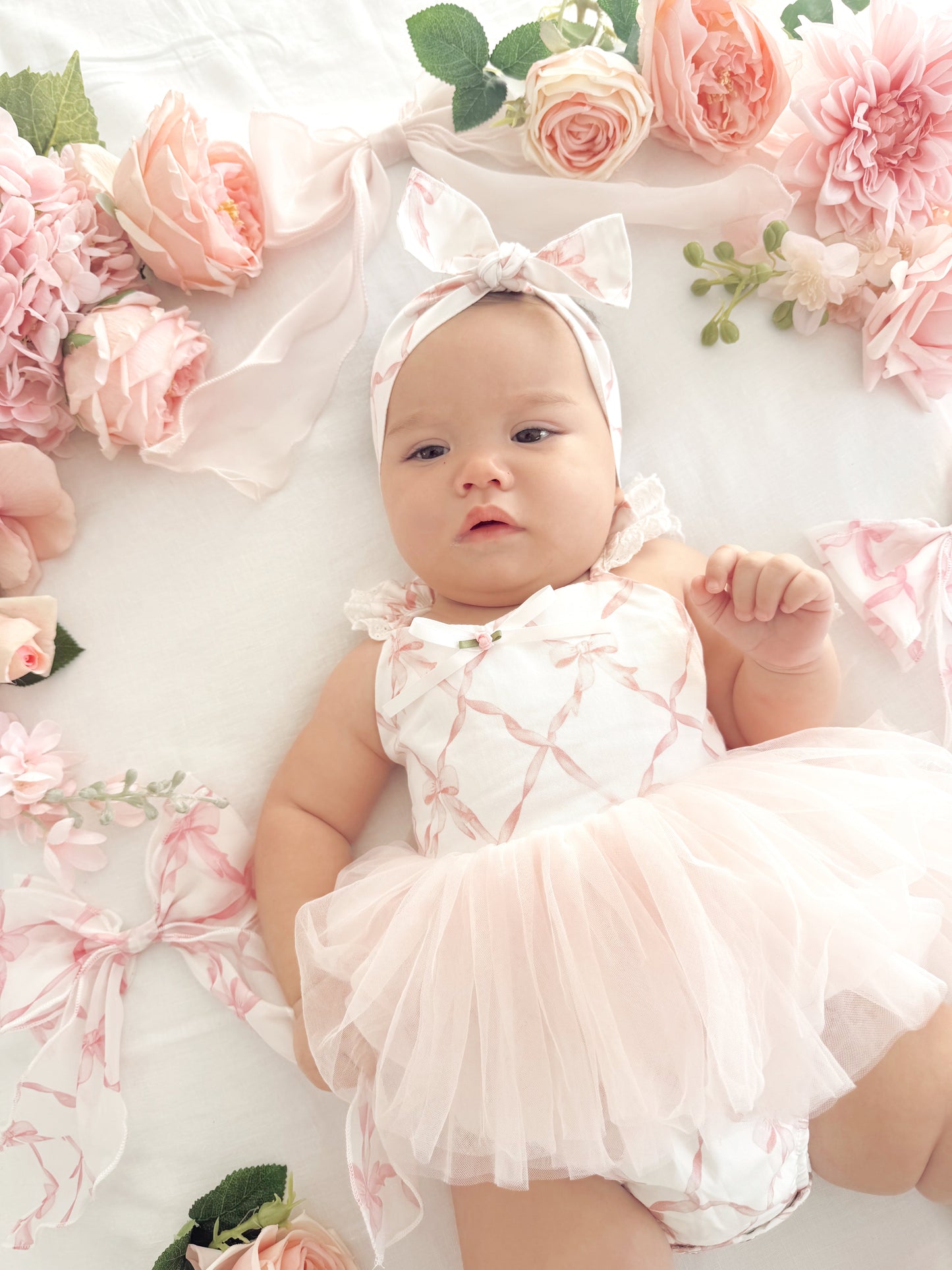Rosette Pink Bow Baby Girl Tulle Party Romper
