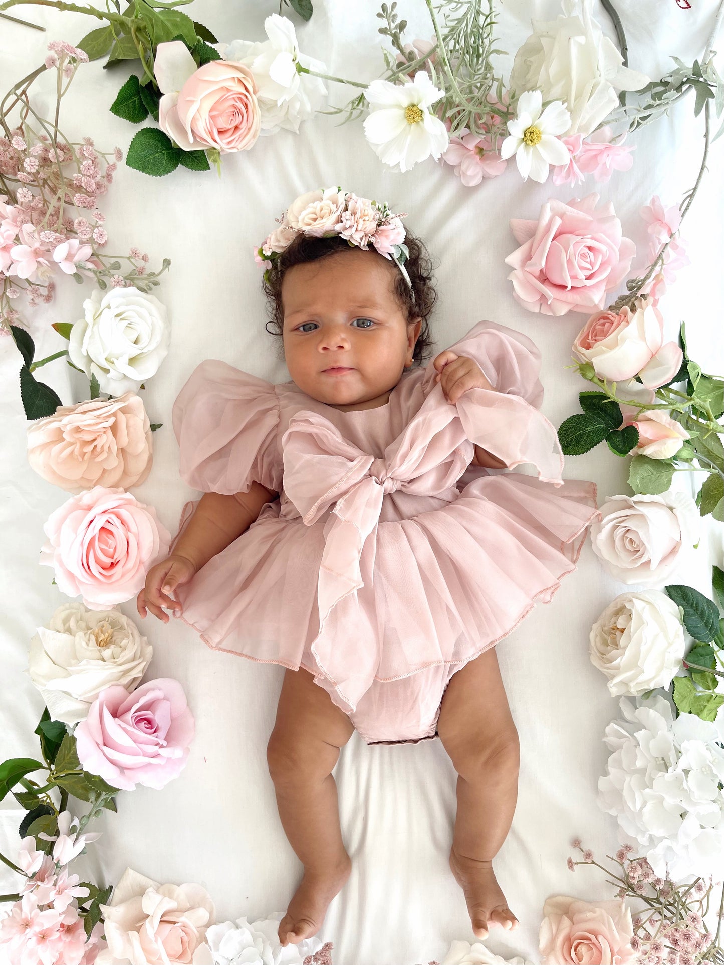 Clementine Matte Blush Rose Pink Organza Baby Girl Romper