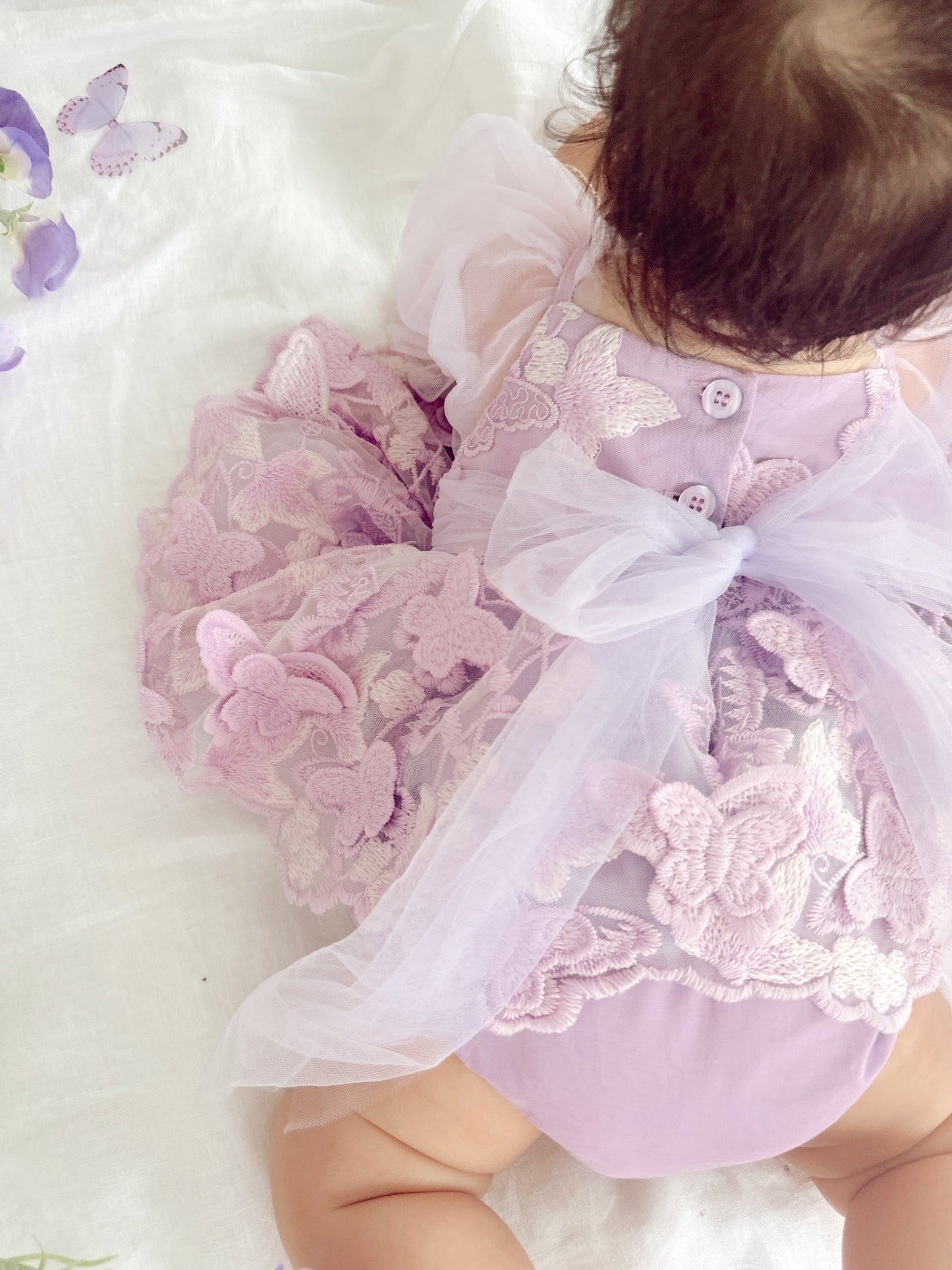Butterfly Kisses Lilac Pink Rose Embroidered Baby Girl Tulle Party Romper