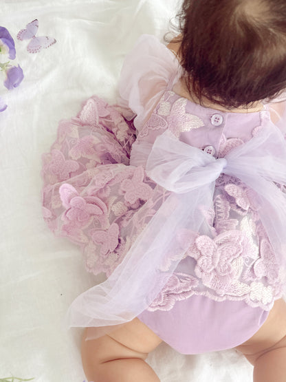 Butterfly Kisses Lilac Pink Rose Embroidered Baby Girl Tulle Party Romper