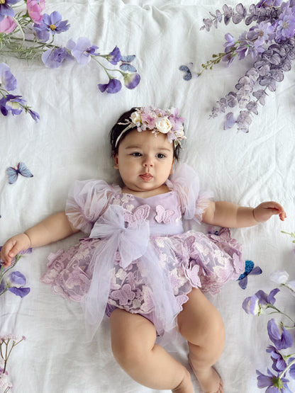 Butterfly Kisses Lilac Pink Rose Embroidered Baby Girl Tulle Party Romper