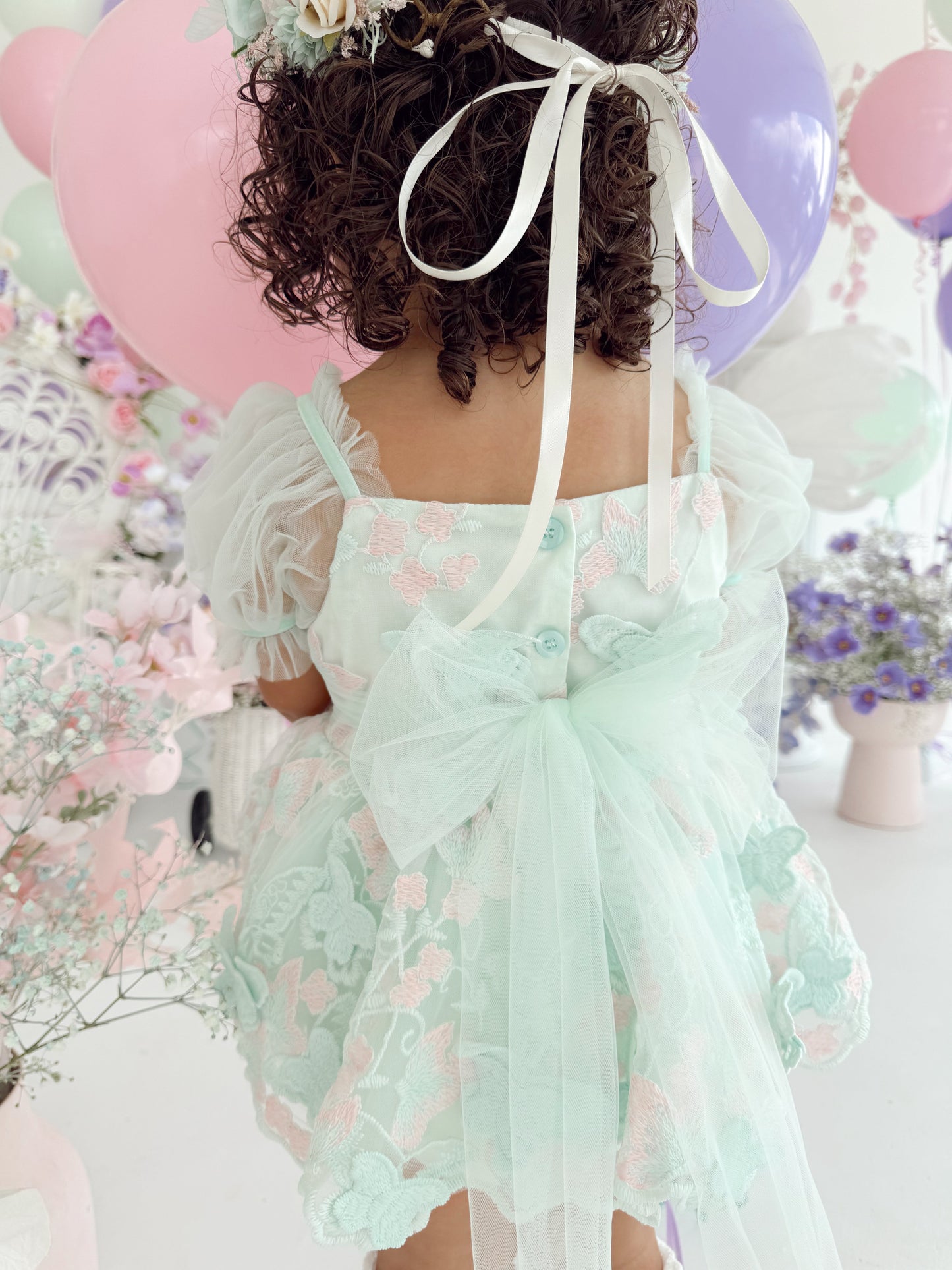 Butterfly Kisses Peppermint Pink Embroidered Baby Girl Tulle Party Romper