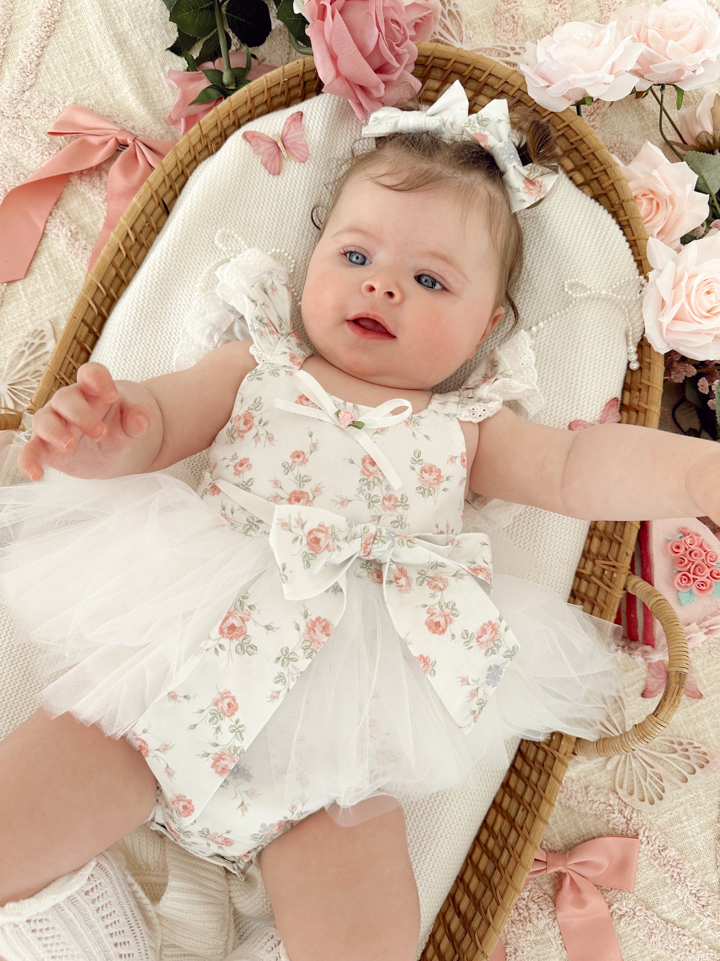 Cottage Fairy Baby Girl Floral White Tulle Party Romper