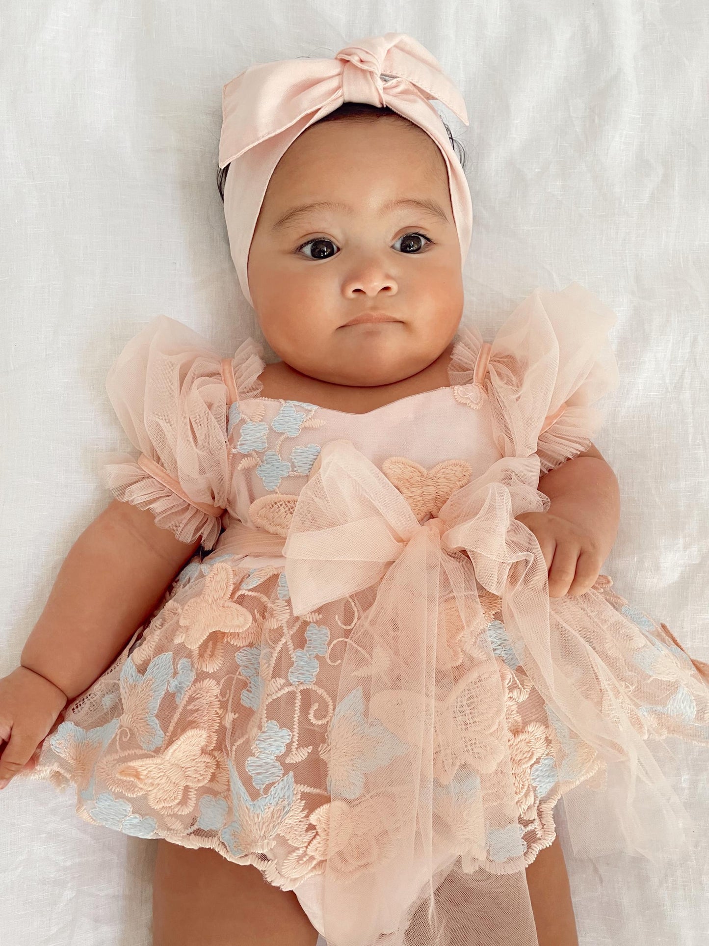 Butterfly Kisses Peach Rose Baby Girl Embroidered Tulle Party Romper