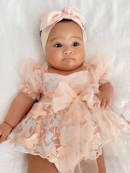 Butterfly Kisses Peach Rose Baby Girl Embroidered Tulle Party Romper