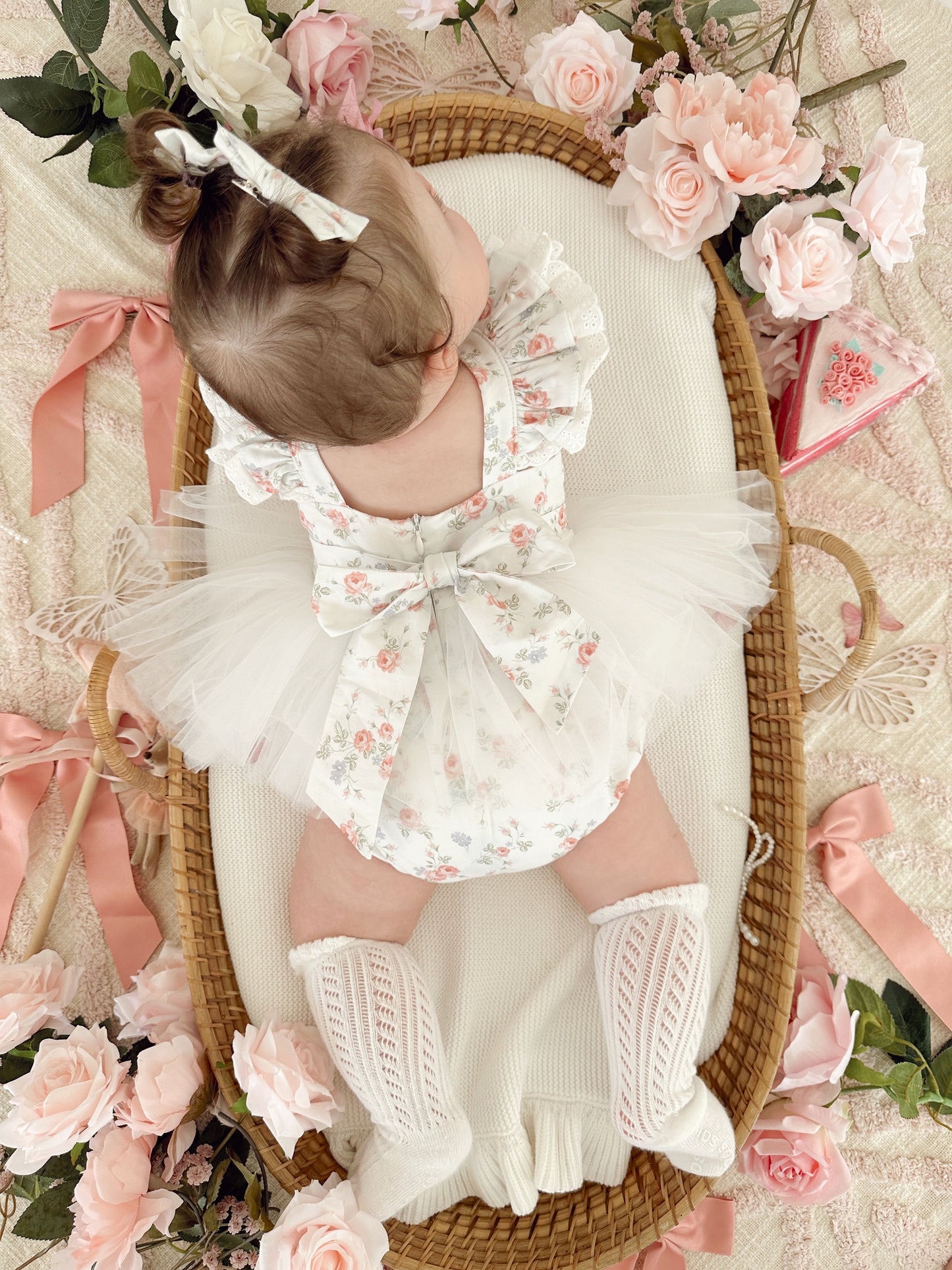 Cottage Fairy Baby Girl Floral White Tulle Party Romper