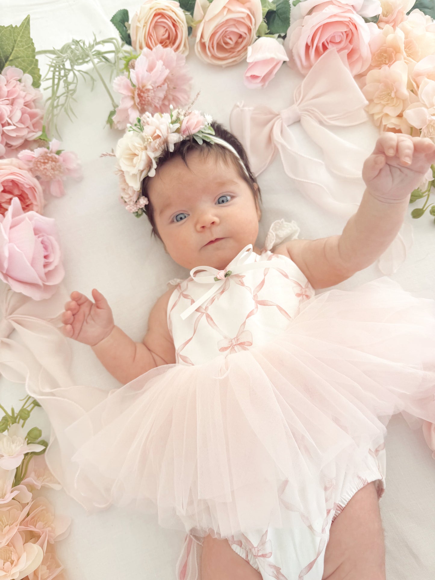 Rosette Pink Bow Baby Girl Tulle Party Romper