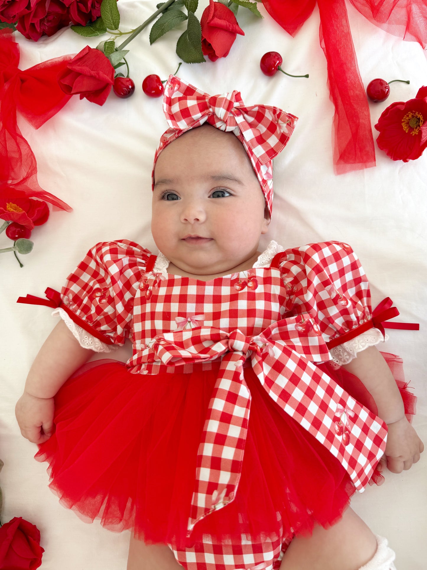 Cherry Lane Red Gingham Baby Girl Tulle Party Romper