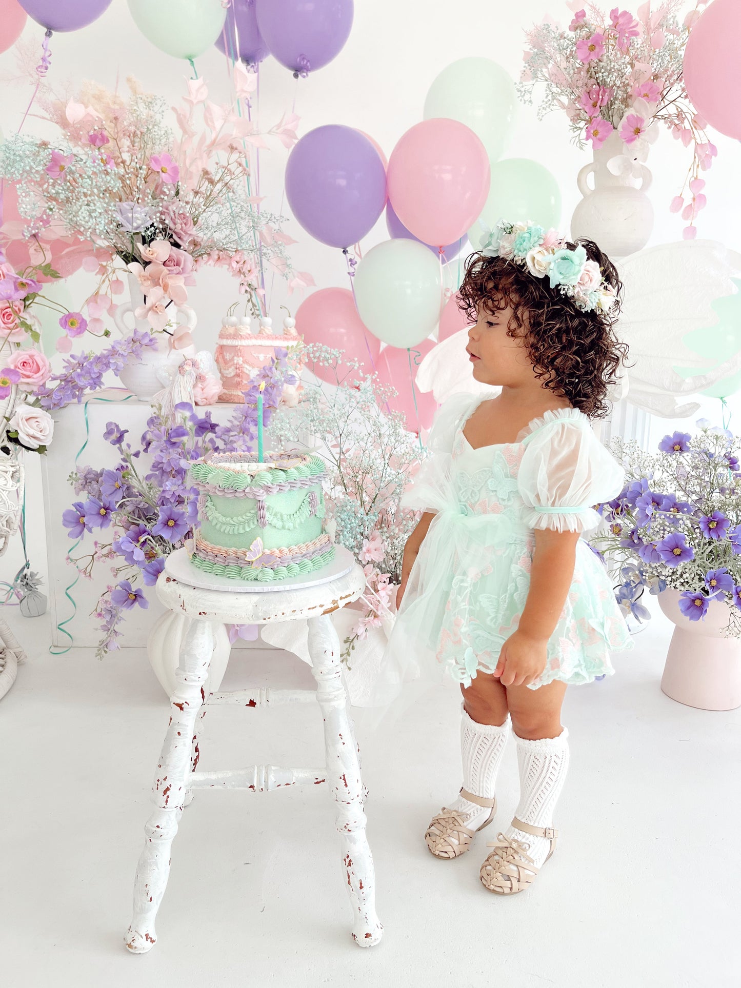 Butterfly Kisses Peppermint Pink Embroidered Baby Girl Tulle Party Romper