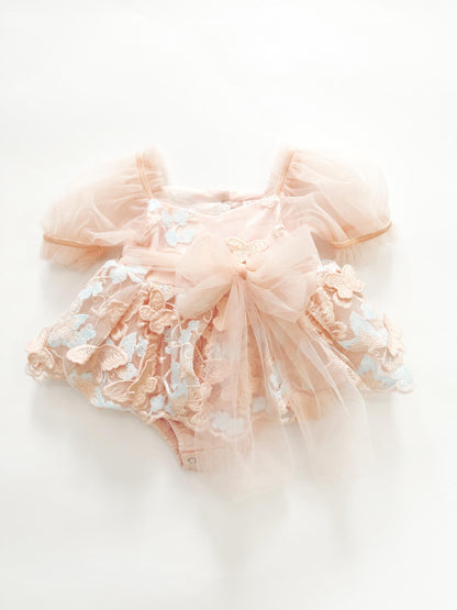 Butterfly Kisses Peach Rose Baby Girl Embroidered Tulle Party Romper