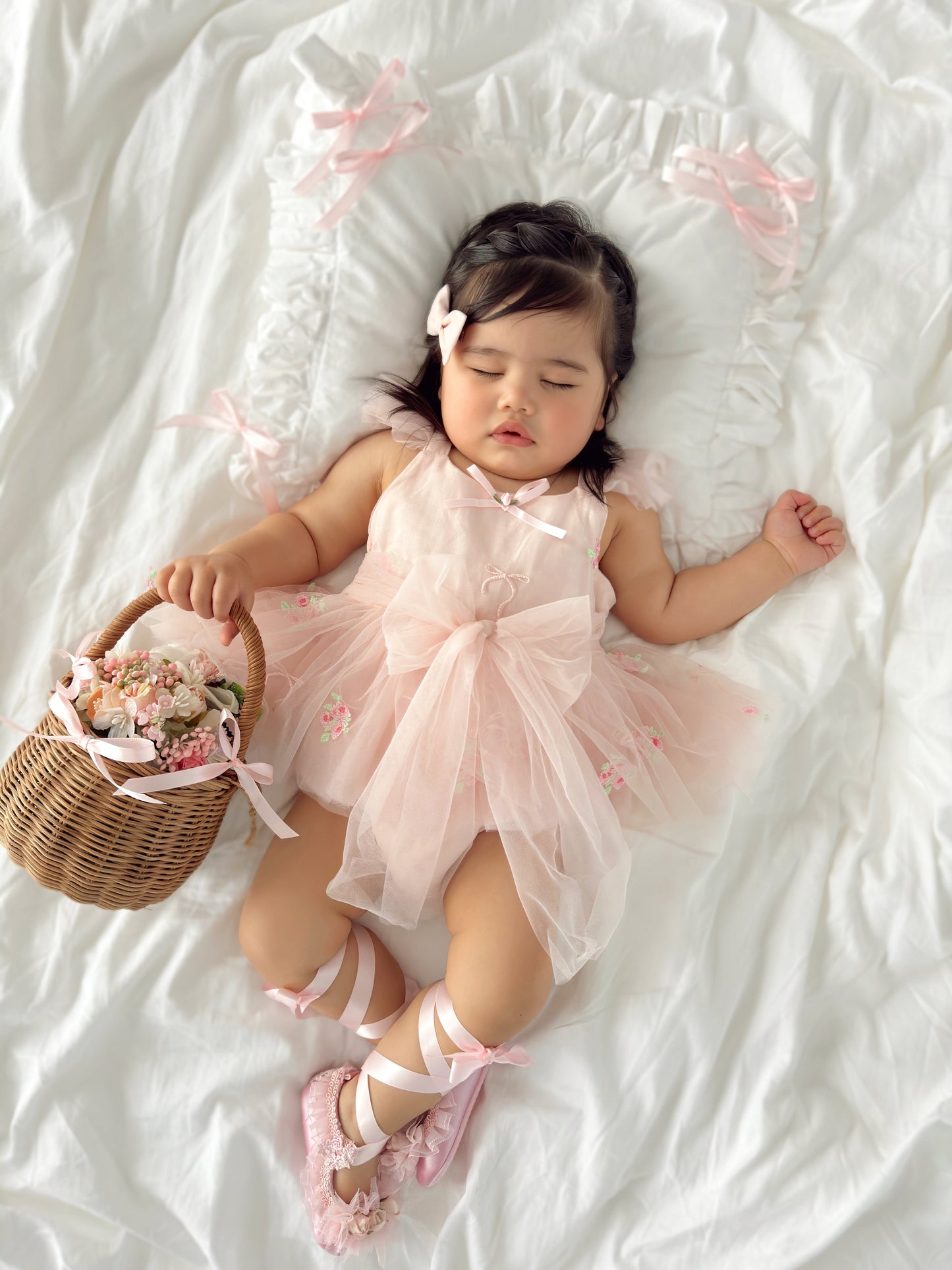 Belle Bow Perfect Pink Embroidered Baby Girl Tulle Party Romper