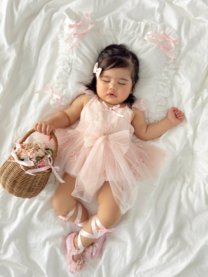 Belle Bow Perfect Pink Embroidered Baby Girl Tulle Party Romper