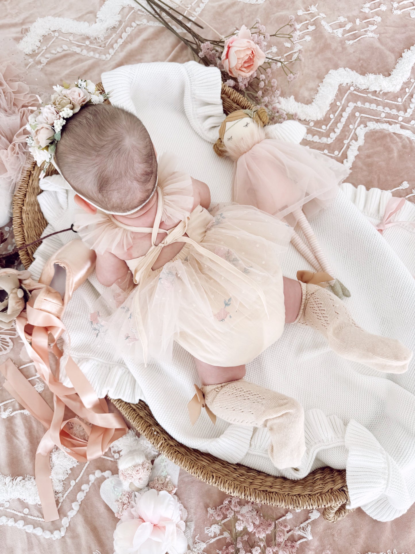 The Rose Champagne Embroidered Baby Girl Tulle Party Romper