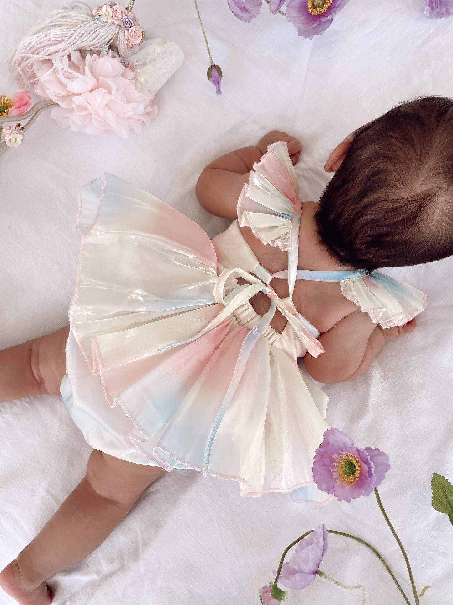 Lolly Pastel Rainbow Organza Baby Girl Party Romper