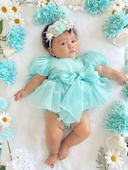 Dolly Turquoise Sky Organza Baby Girl Blue Party Romper
