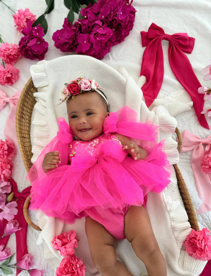Theodora Fuchsia Pink Sequin Baby Girl Tulle Party Romper
