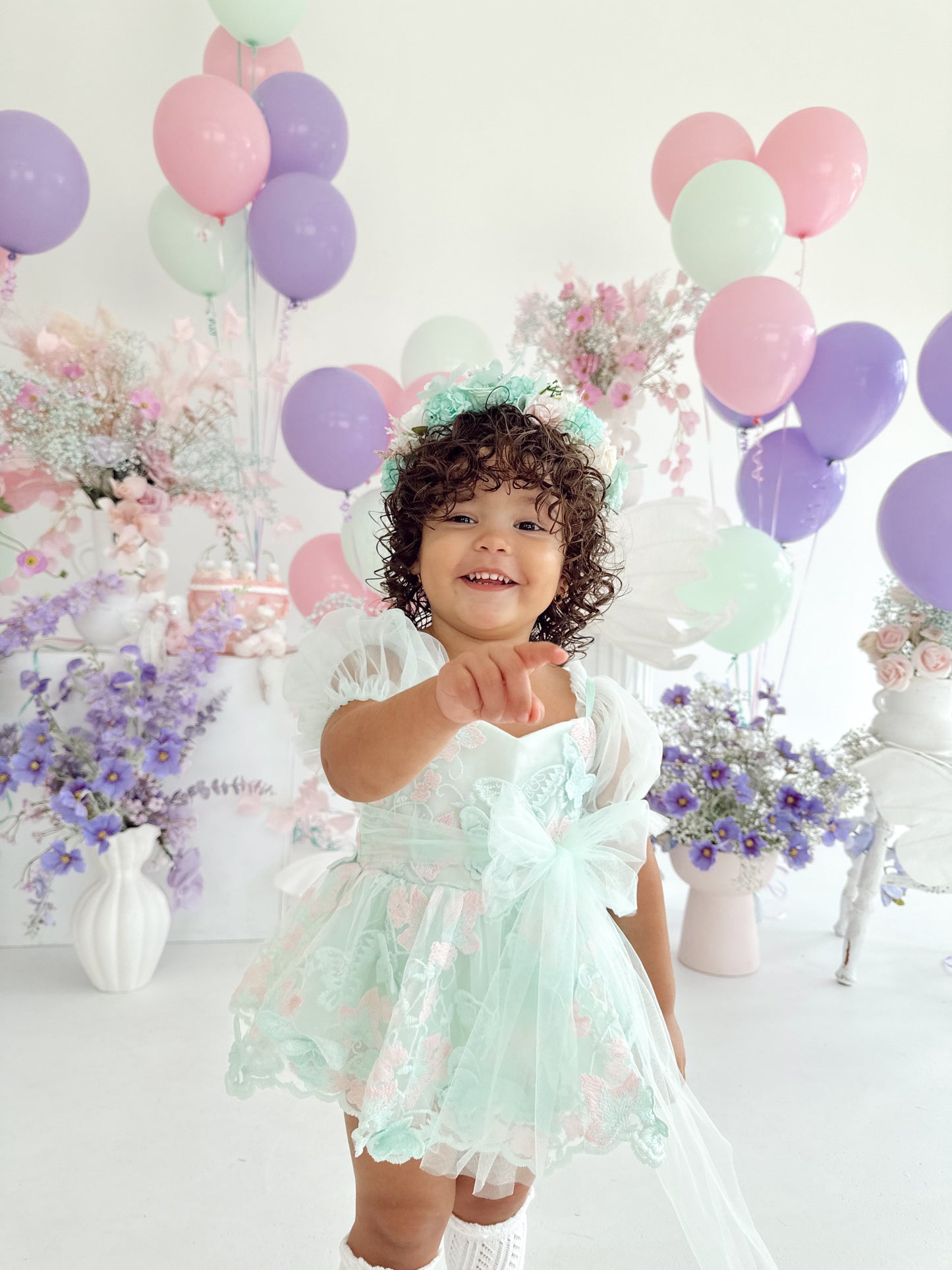 Butterfly Kisses Peppermint Pink Embroidered Baby Girl Tulle Party Romper