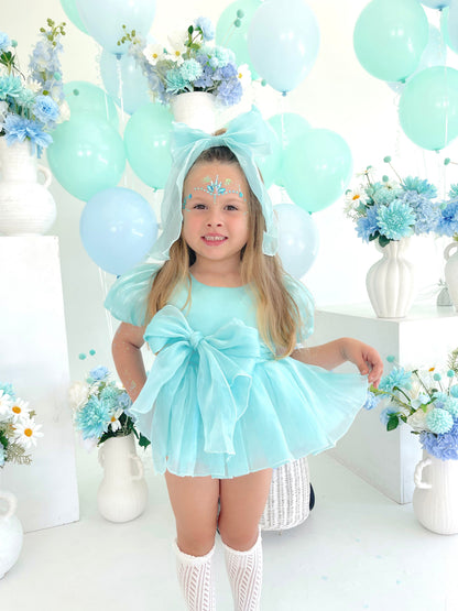 Dolly Turquoise Sky Organza Baby Girl Blue Party Romper