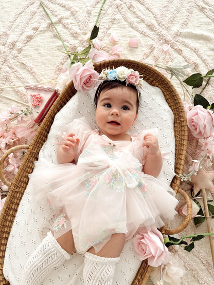 Peony Bloom Petal Pink Embroidered Baby Girl Tulle Party Romper