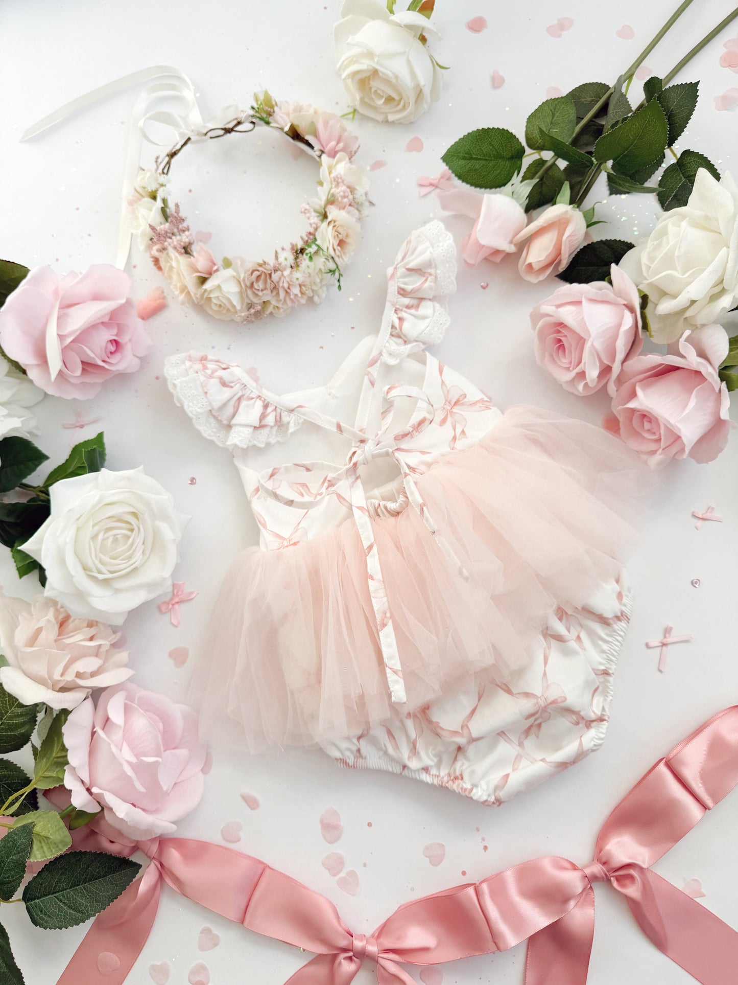 Rosette Pink Bow Baby Girl Tulle Party Romper
