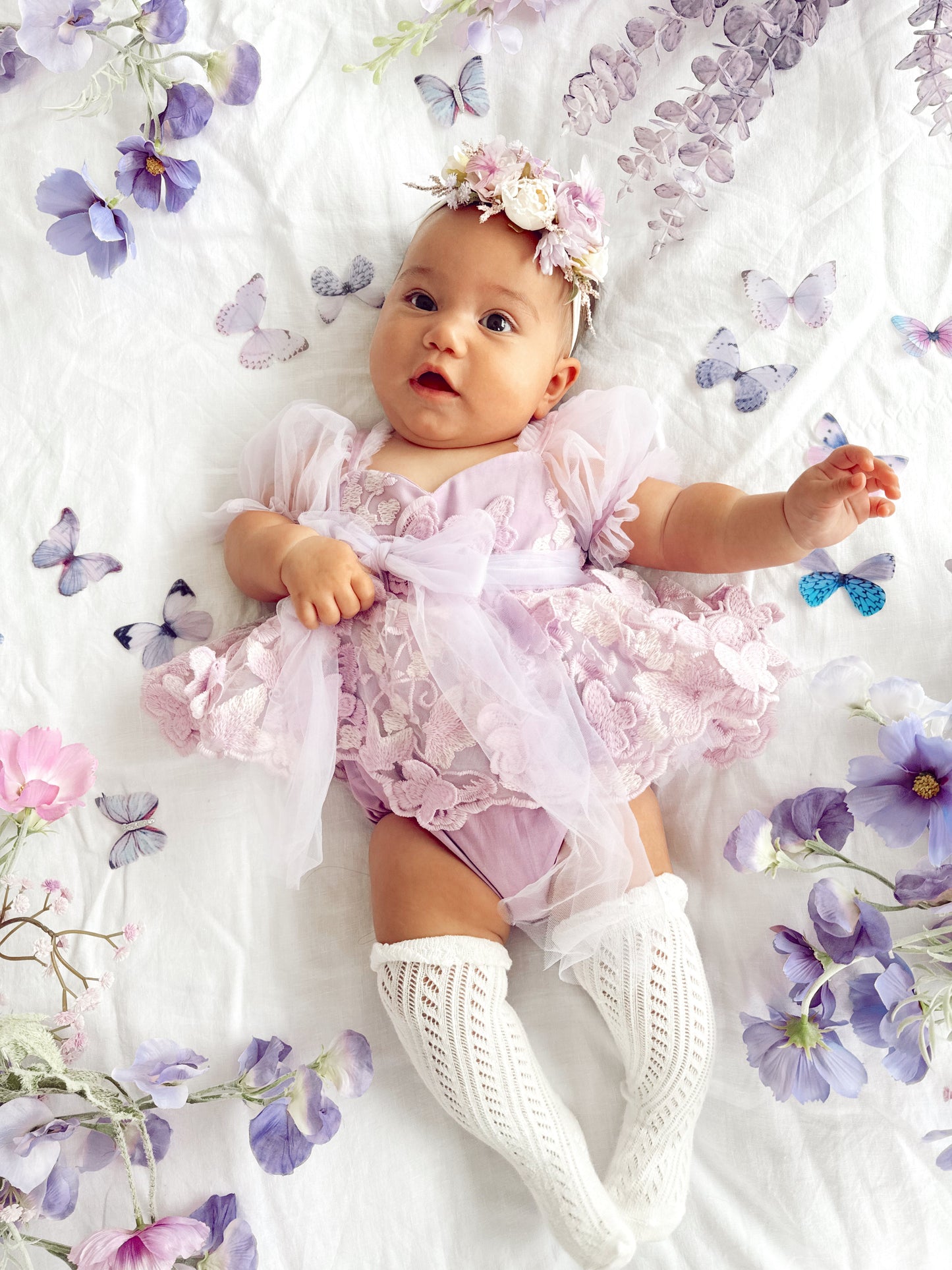 Butterfly Kisses Lilac Pink Rose Embroidered Baby Girl Tulle Party Romper