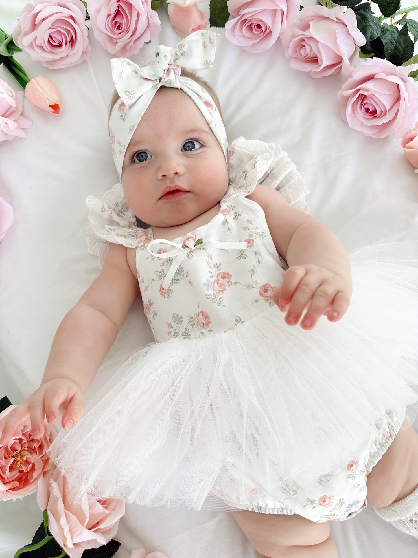Cottage Fairy Baby Girl Floral White Tulle Party Romper