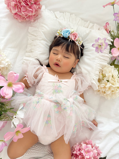 Peony Bloom Petal Pink Embroidered Baby Girl Tulle Party Romper
