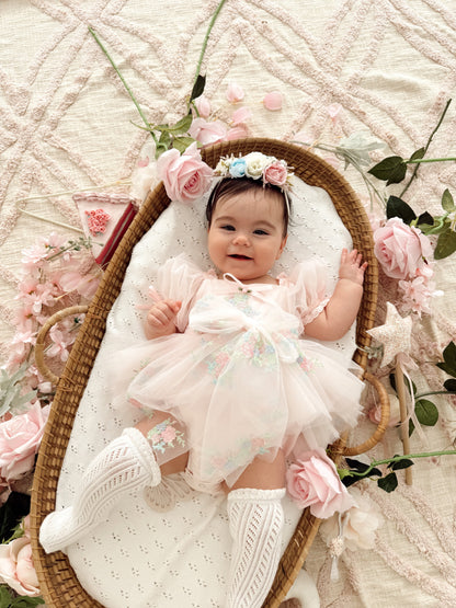 Peony Bloom Petal Pink Embroidered Baby Girl Tulle Party Romper
