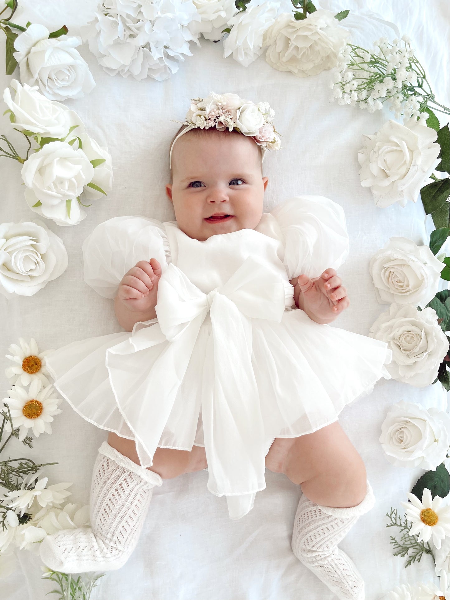 Clementine Matte White Organza Baby Girl Romper